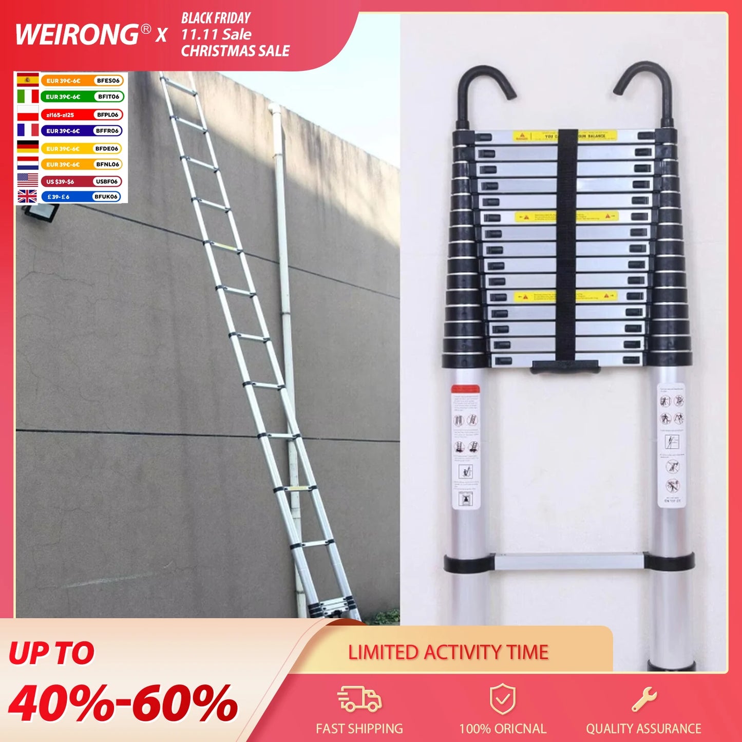 20 FT Telescopic Ladder W/Detachable Hooks
